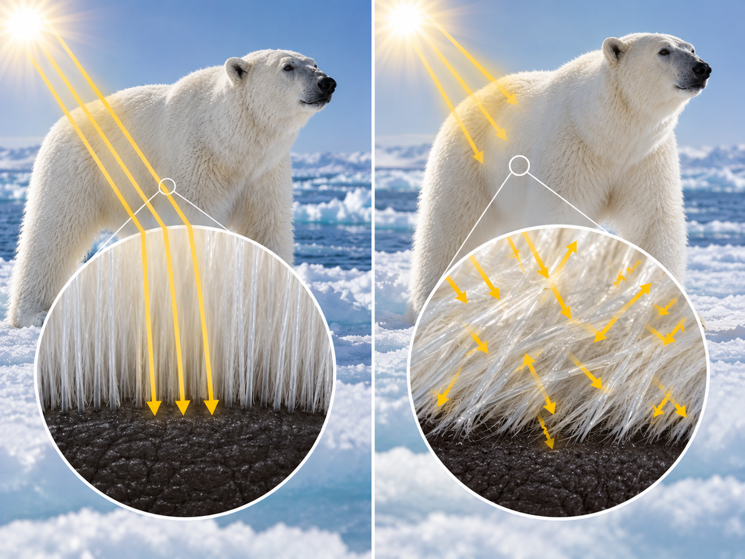 Comparison showing that thick polar bear fur prevents most incoming sunlight from reaching the black skin.