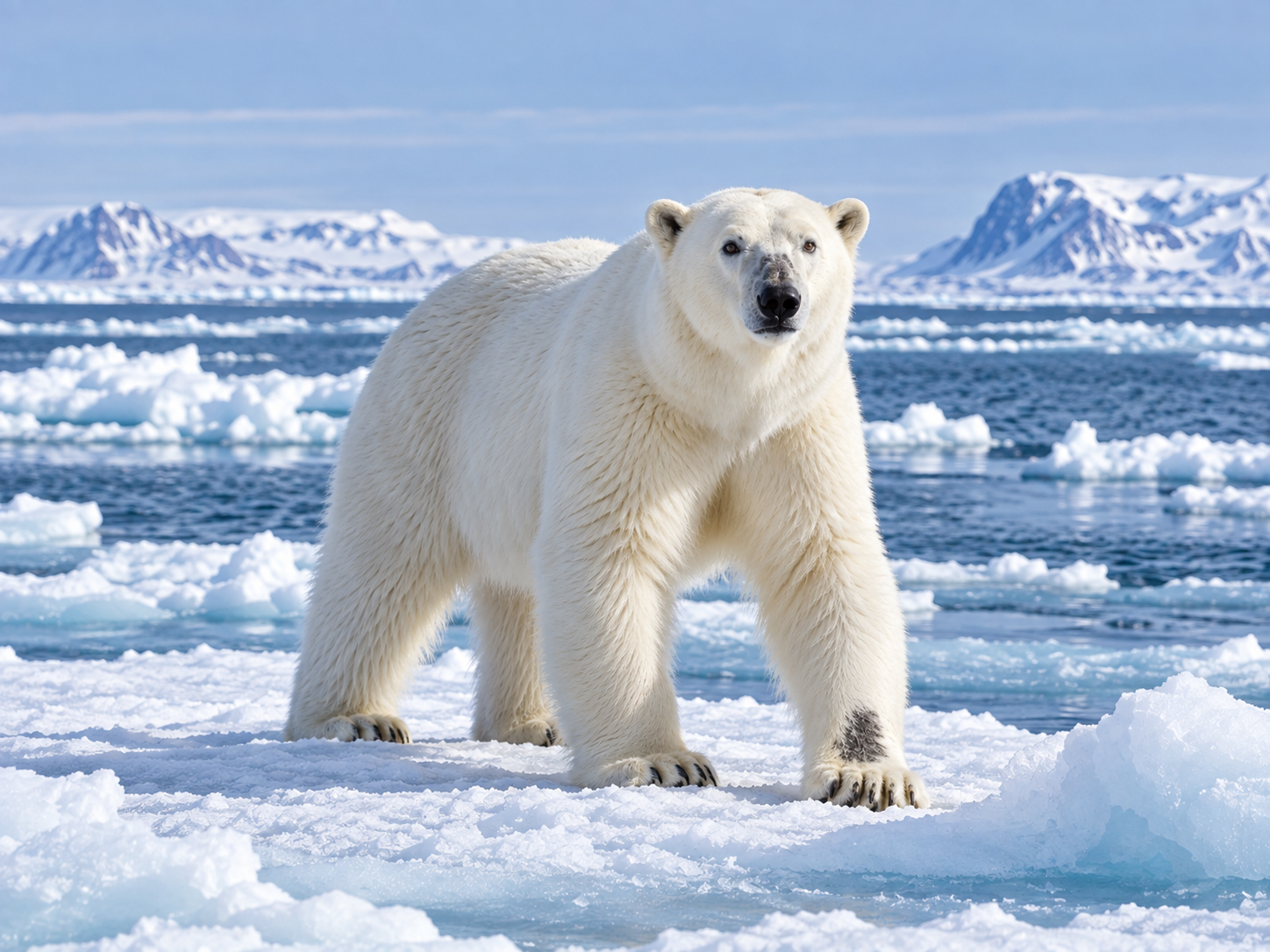 Polar bear standing on Arctic sea ice with its white fur contrasting against dark exposed skin.