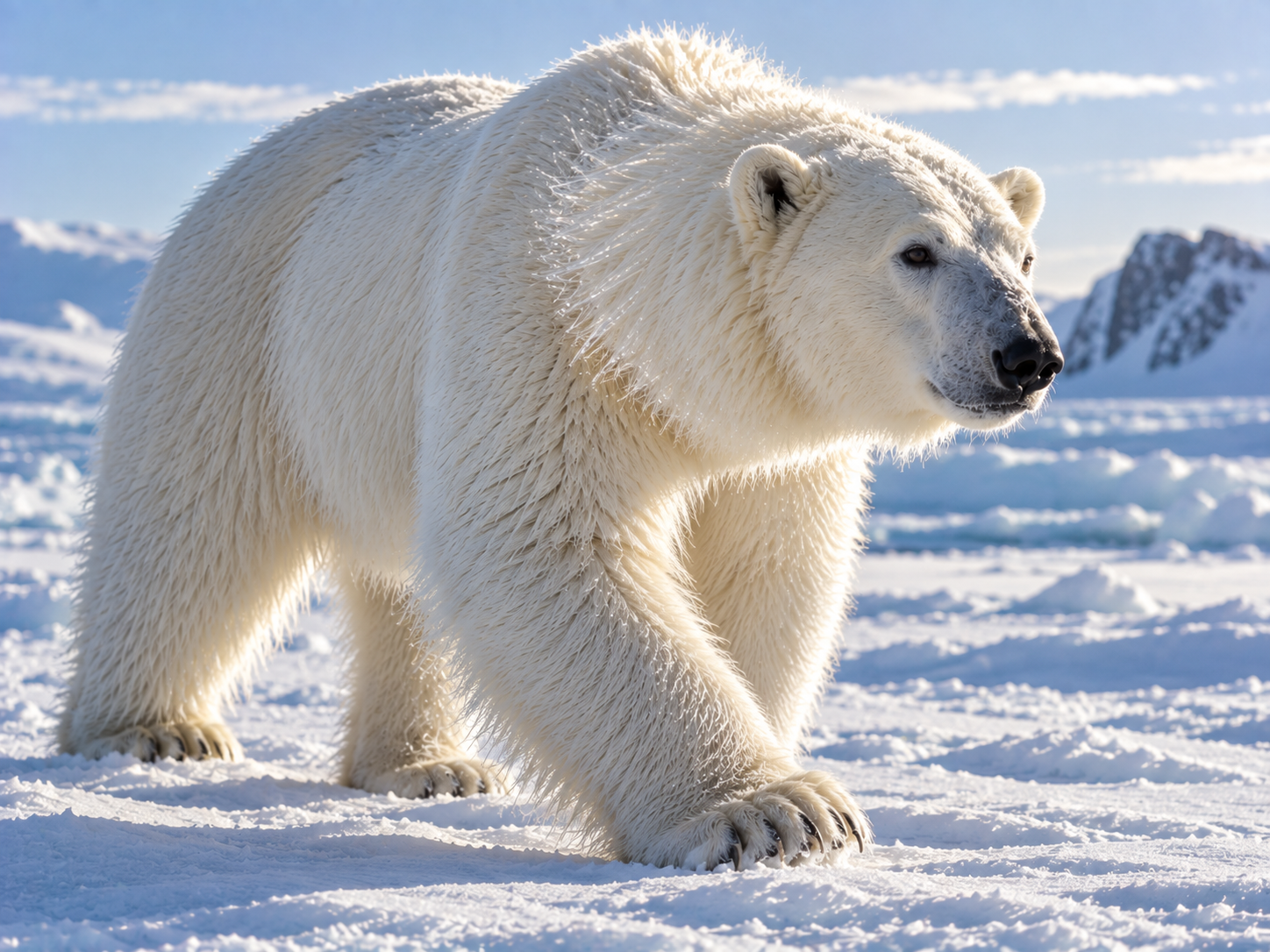 Polar bear with nearly pigment-free fur appearing white against fresh Arctic snow.