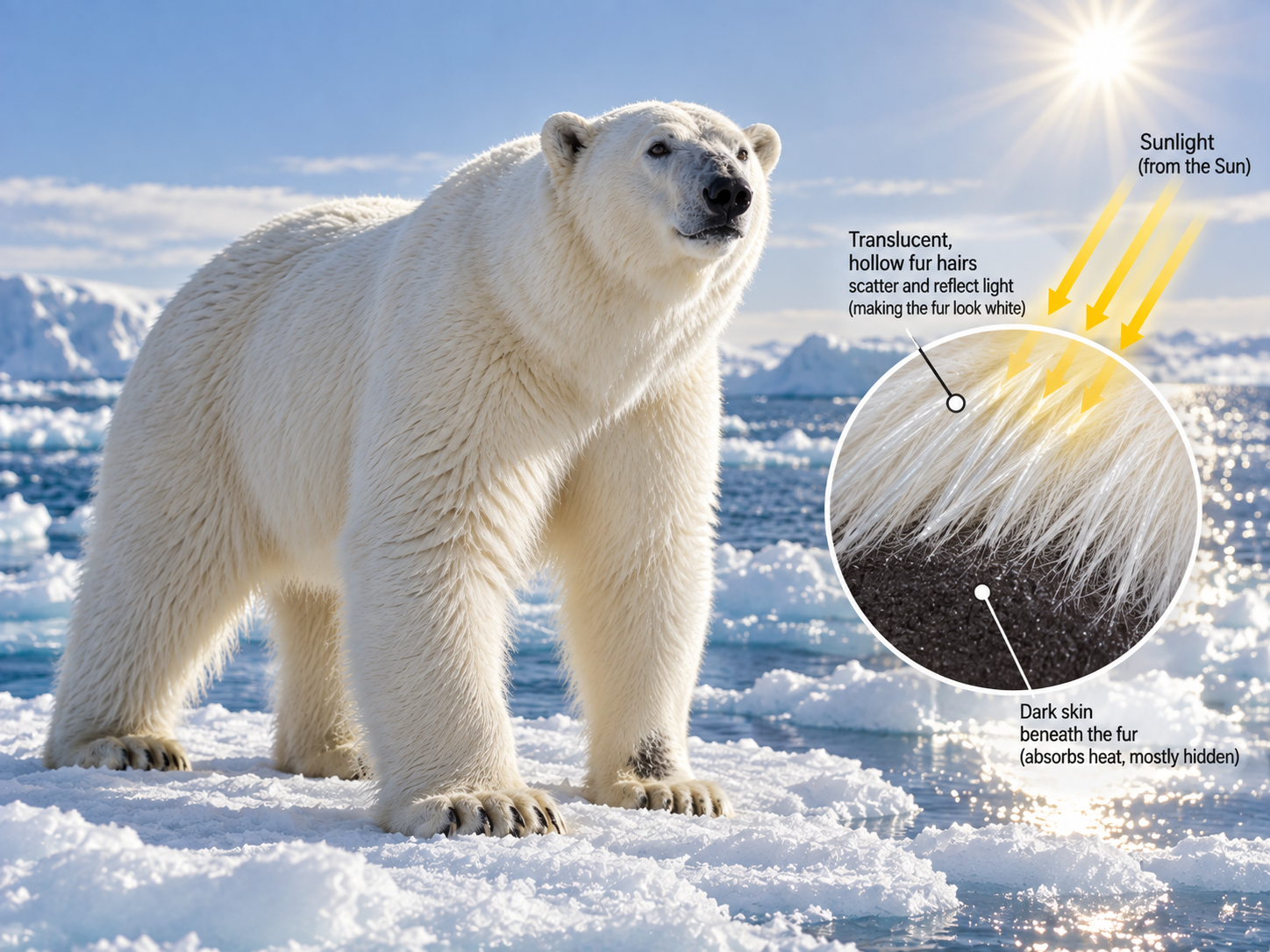 A polar bear under bright Arctic sunlight with its dark skin protected beneath thick insulating fur.