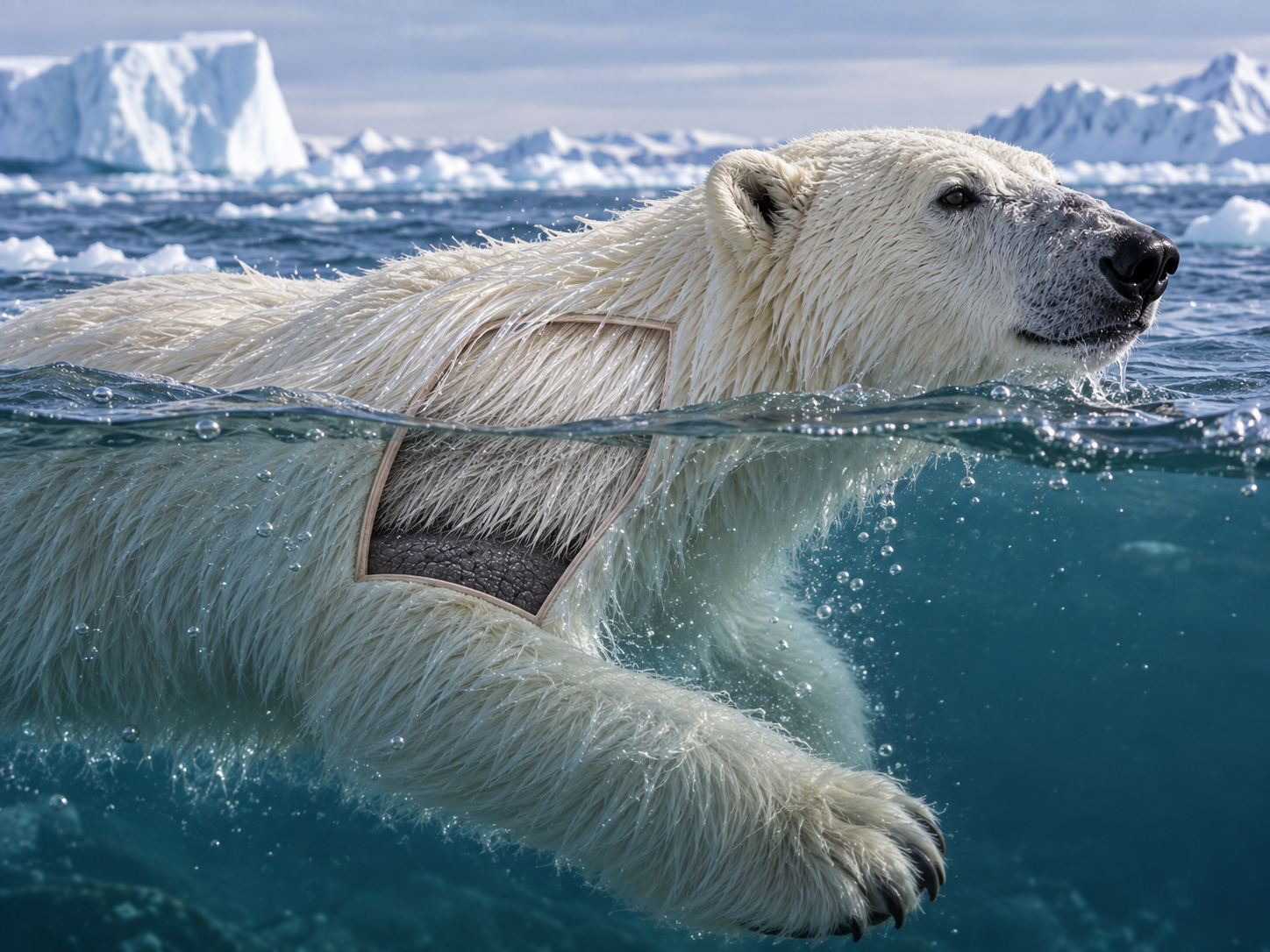 Polar bear swimming in cold Arctic water with thick insulating fur protecting its dark skin.