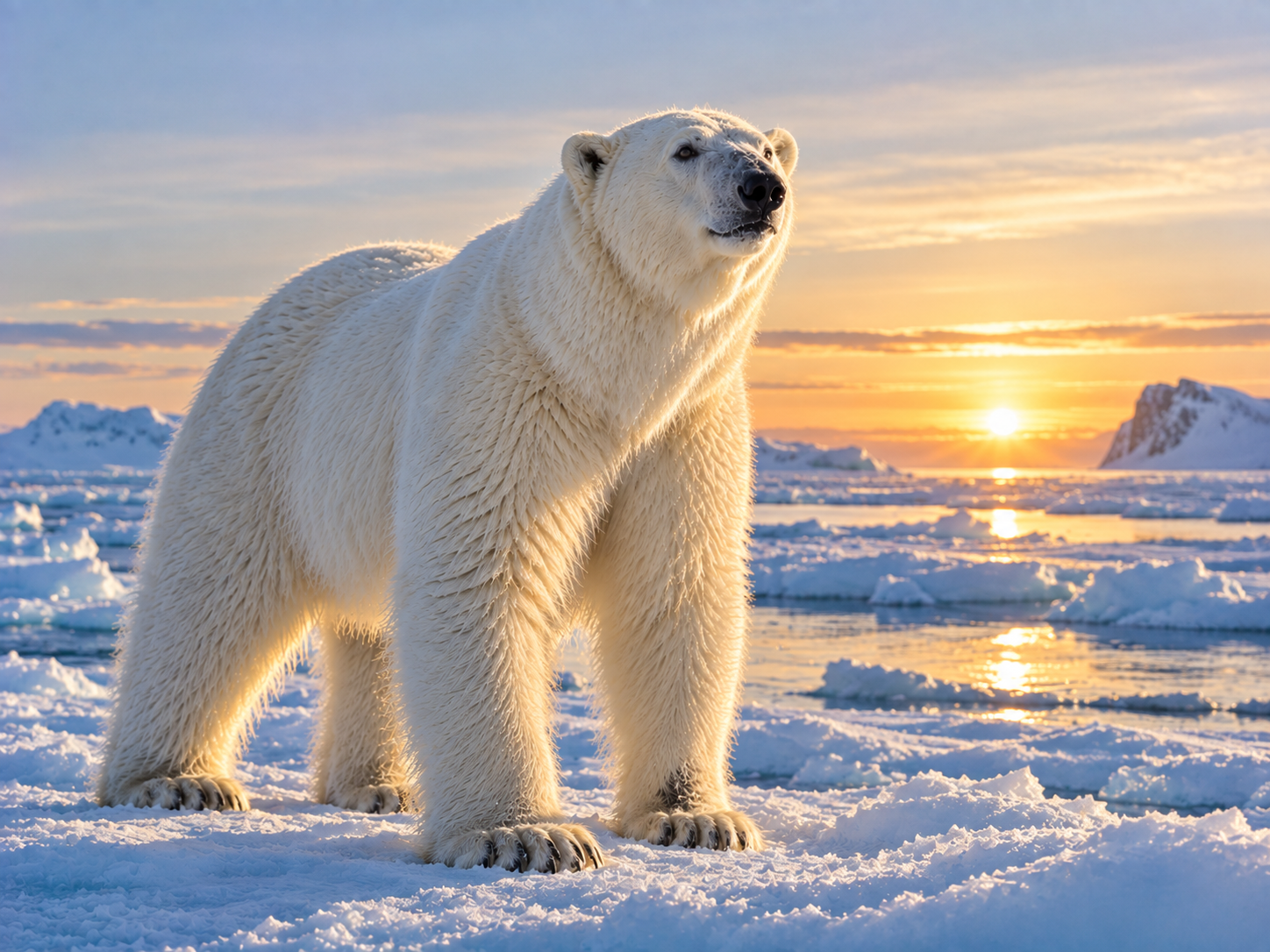 Polar bear on Arctic sea ice with white fur and naturally dark exposed skin around the face.