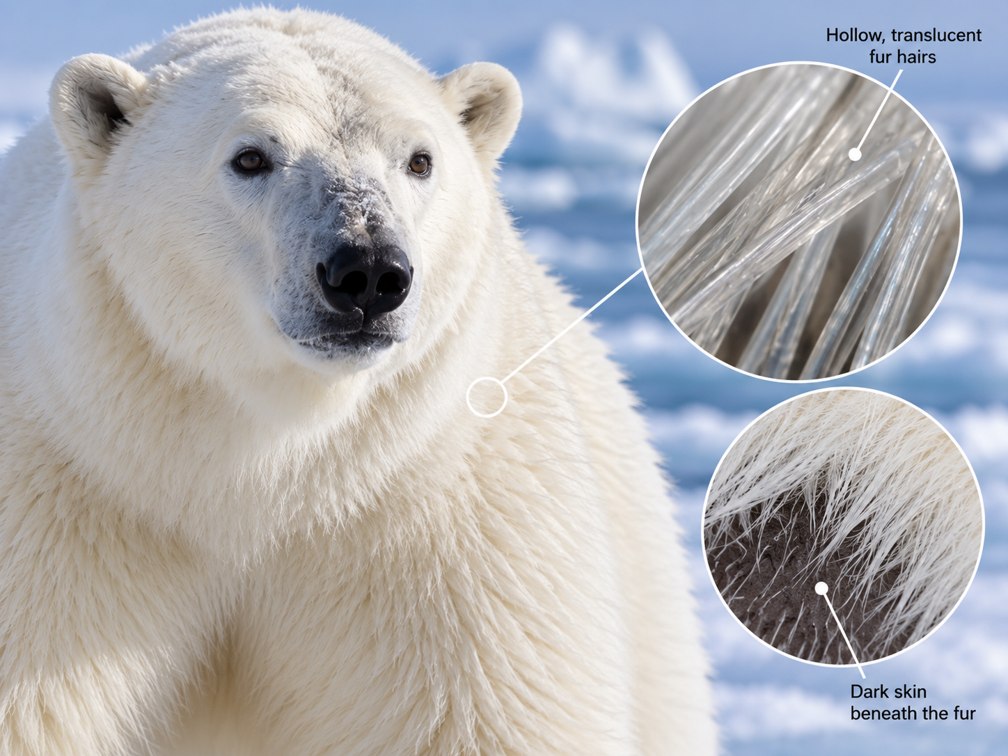 Enlarged view showing the hollow translucent hairs and dark skin beneath a polar bear's apparently white coat.