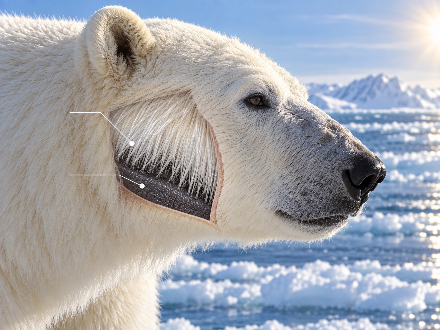 Dark pigmented skin visible beneath the white fur of a polar bear.