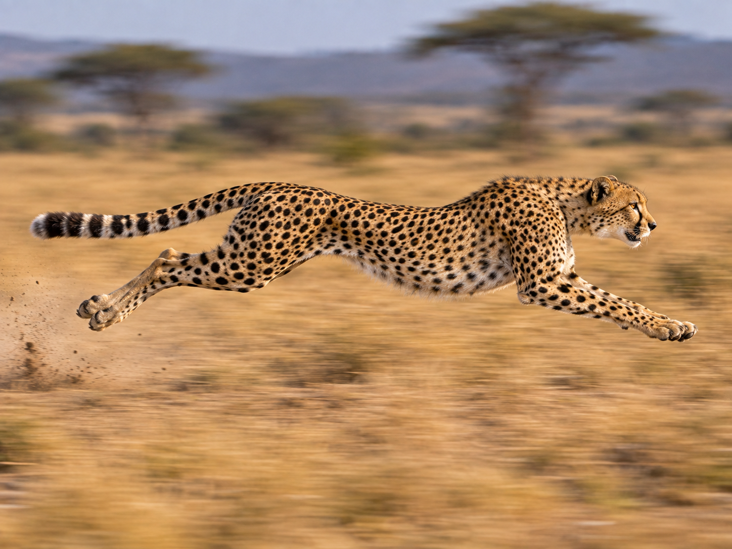 Cheetah at full sprint with its body fully extended and long tail balancing the stride.