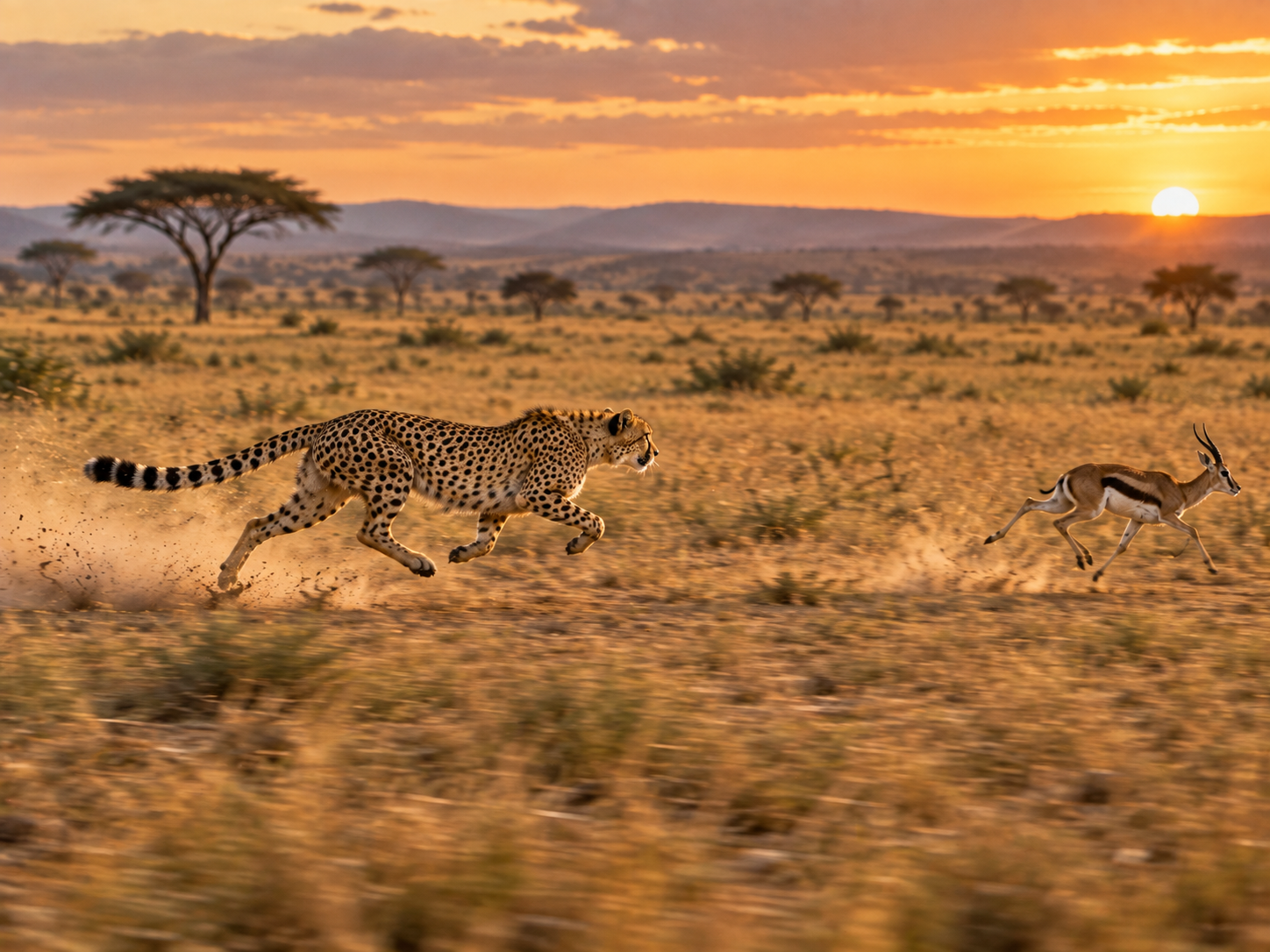 Cheetah sprinting across the African savanna with its specialised running body fully extended.
