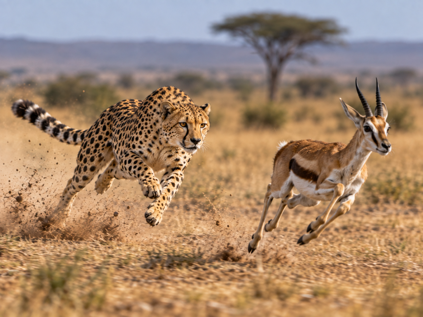Cheetah maintaining a stable head while sprinting after prey across open savanna.