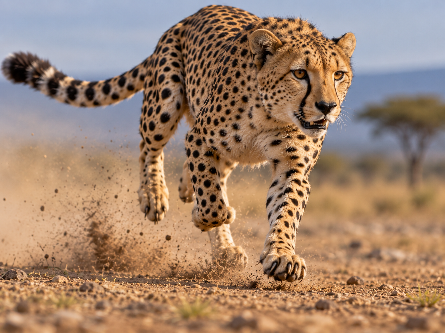 Cheetah running with semi-retractable claws gripping the ground during a high-speed chase.