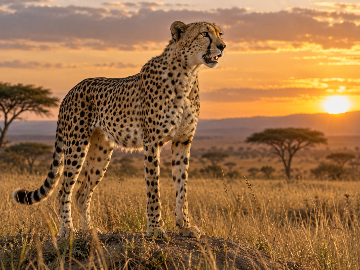 Adult cheetah standing alert on a rocky mound in a golden African savanna at sunset, surrounded by tall grass and acacia trees with distant hills beneath a glowing sky.
