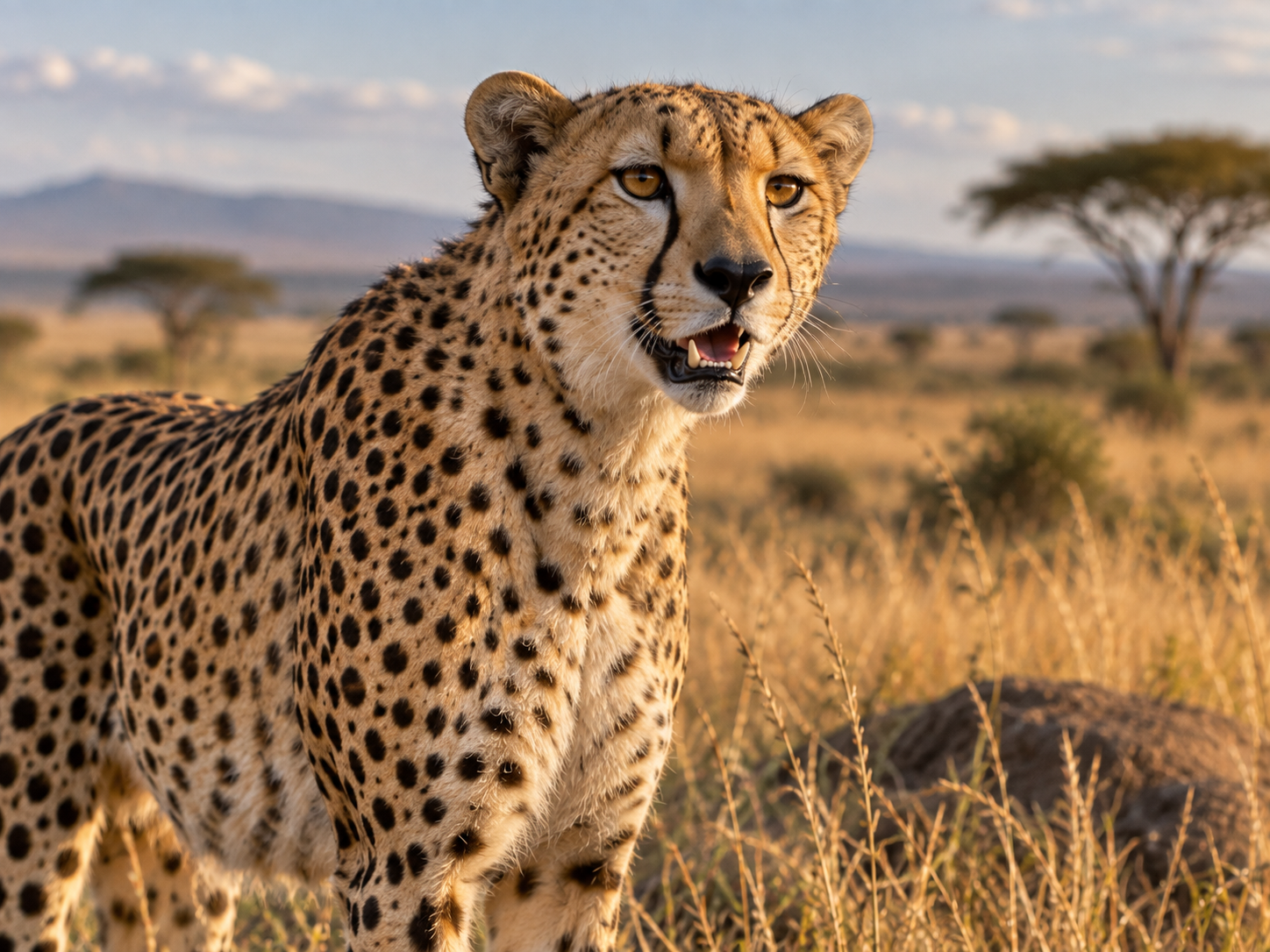 Alert cheetah with its mouth slightly open while making a vocal call.