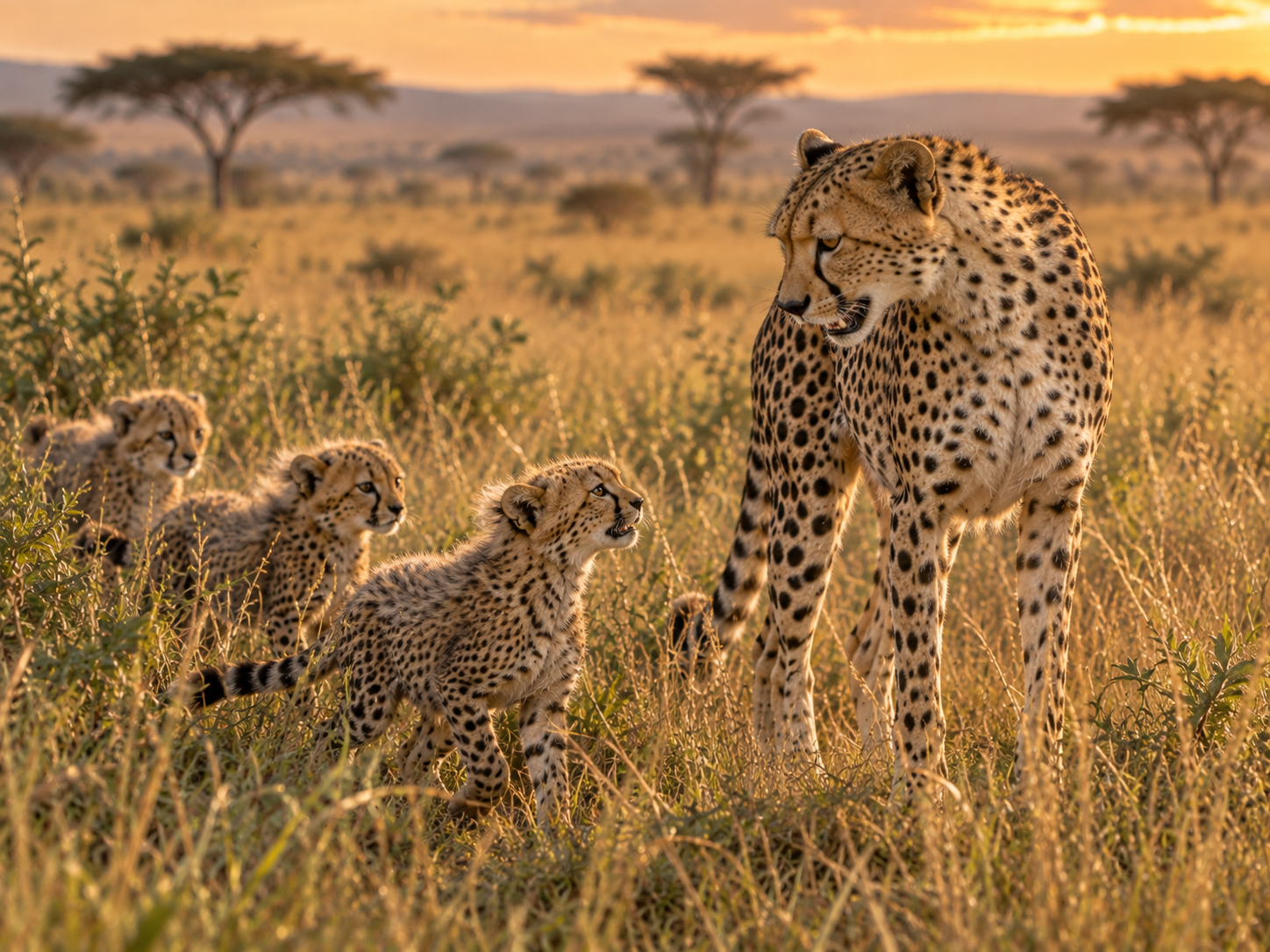 Female cheetah calling to cubs with a natural chirping vocalization.