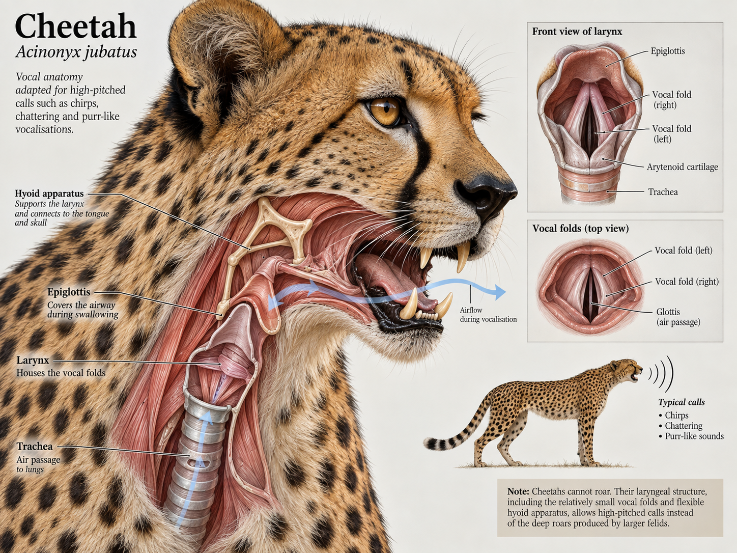 Anatomical cutaway showing the cheetah's hyoid apparatus, larynx and vocal folds involved in sound production.