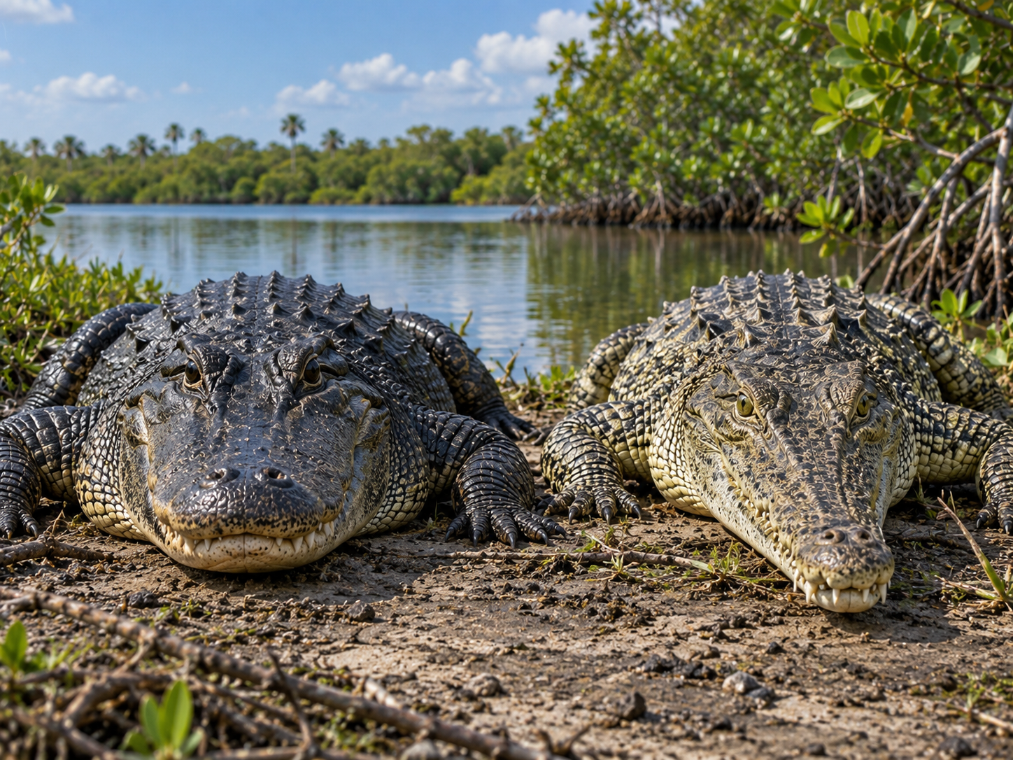 An American alligator and American crocodile show differences in snout shape, colour and visible teeth.