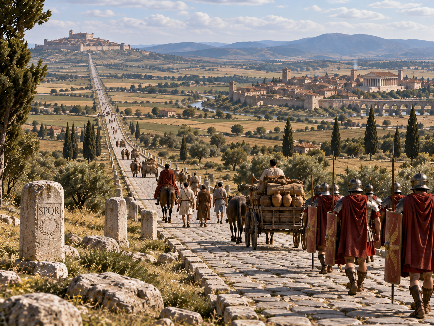 A direct Roman road connects distant settlements across a broad open landscape.
