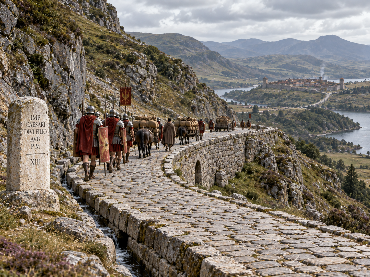 A Roman road curves around steep terrain instead of following a perfectly straight line.
