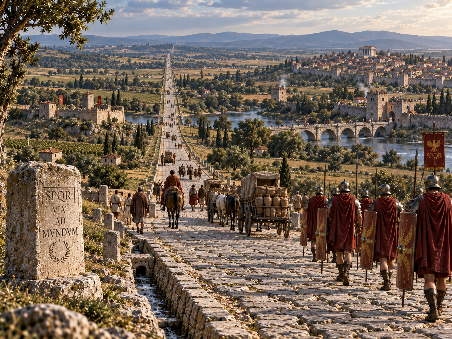 A Roman road connects distant settlements across the landscape, showing how individual roads formed part of a much larger imperial network.