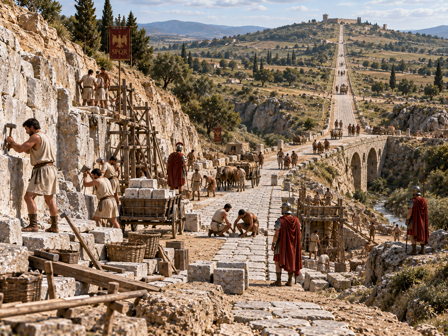 Roman engineers build a direct road across manageable hills and valleys rather than making unnecessary detours.