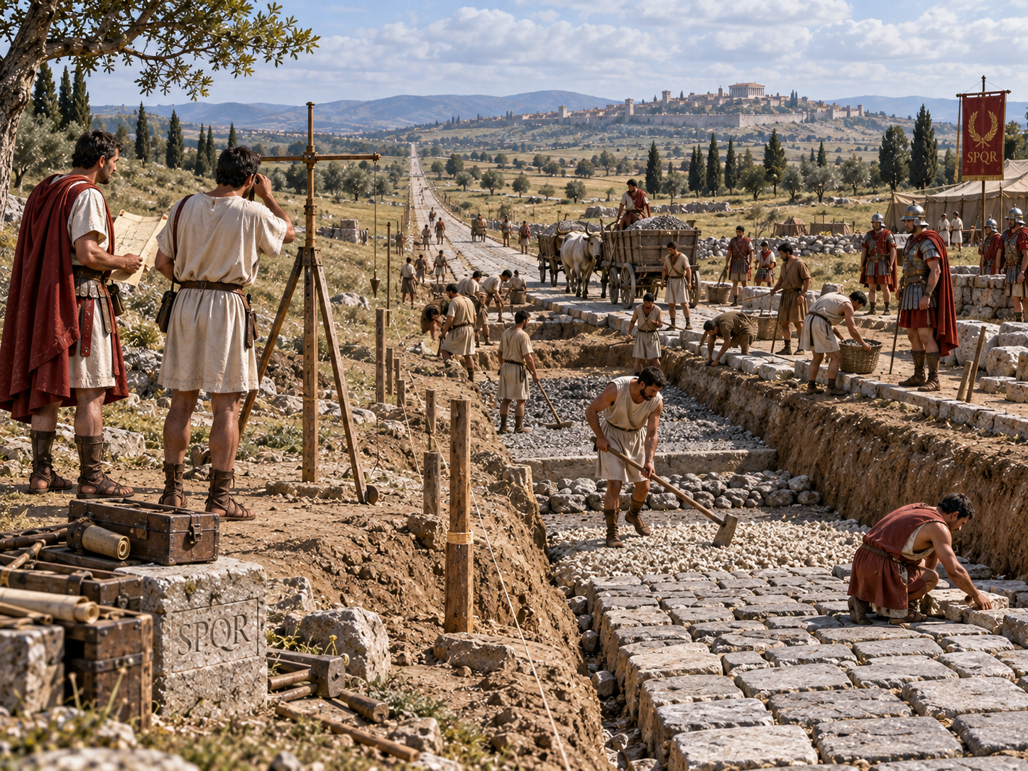 Roman surveyors and construction workers prepare the foundation of a carefully planned road.