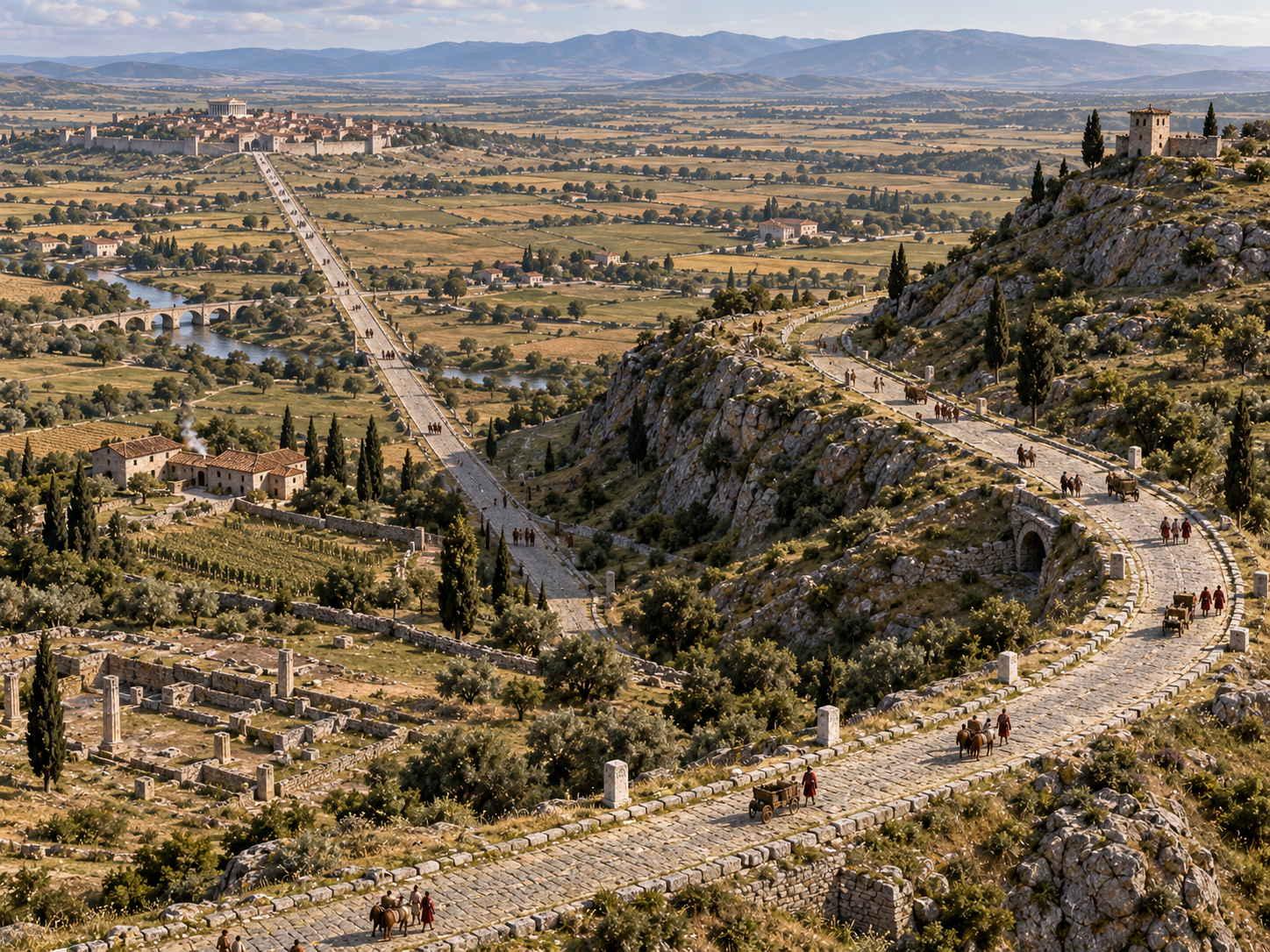 Roman roads combine long straight sections with curves where the changing terrain makes a direct line impractical.