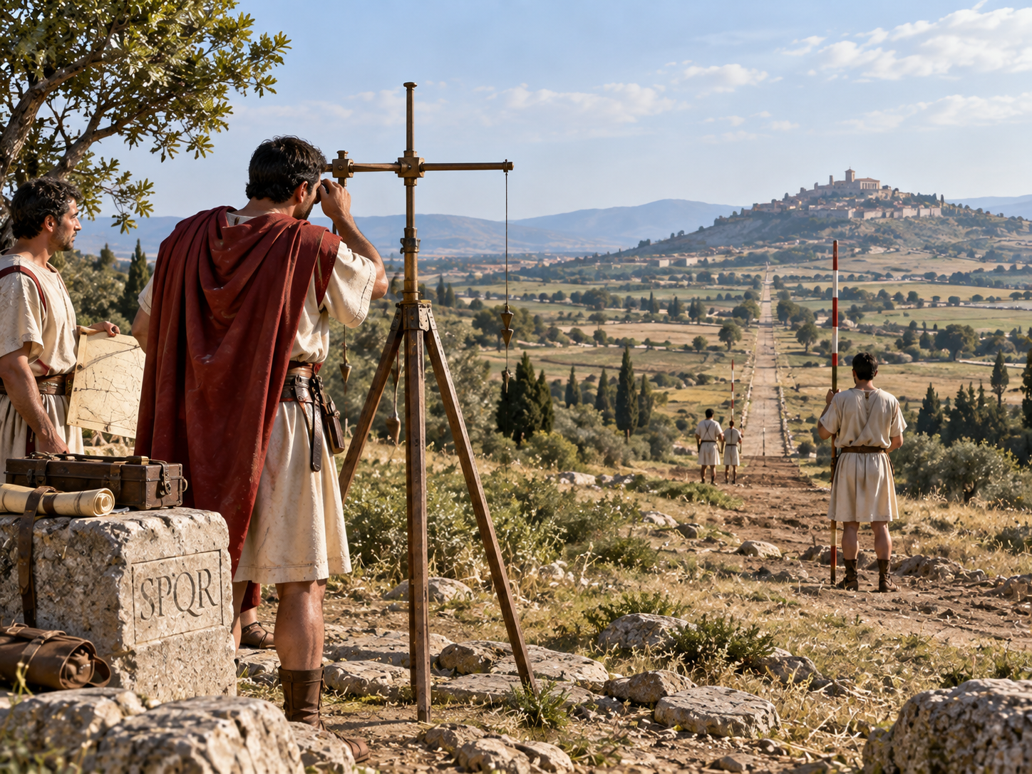 A Roman surveyor uses a groma and alignment poles to lay out a straight road across the landscape.