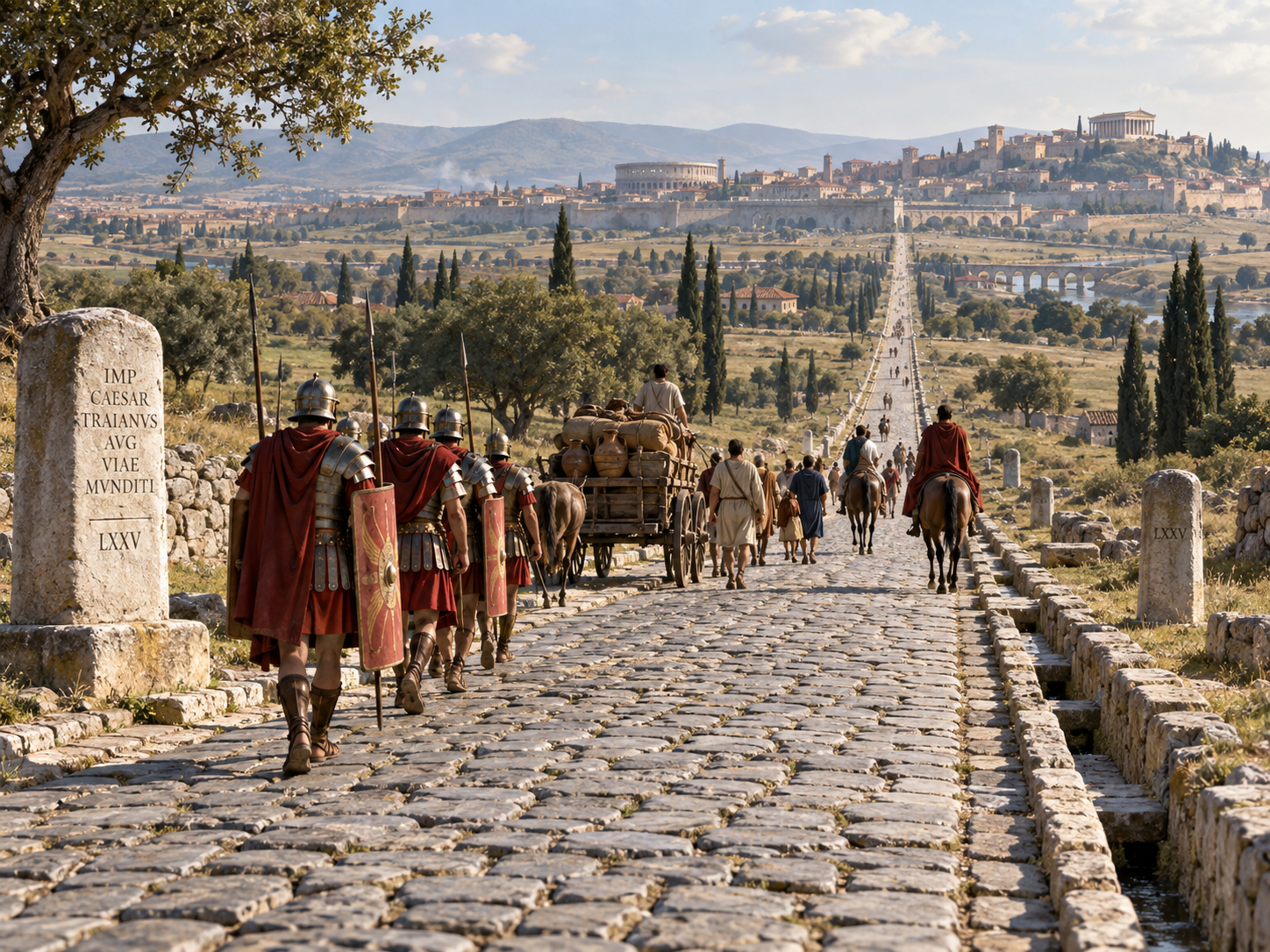 A Roman road connects distant settlements across the landscape, showing how individual roads formed part of a much larger imperial network.