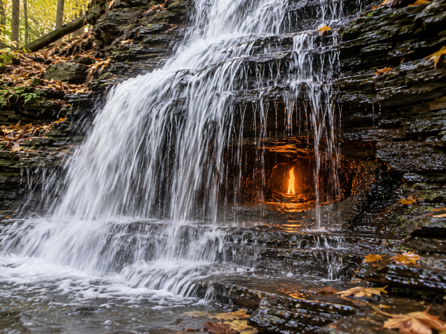 A small natural gas flame burns inside a rocky grotto behind the falling water at Eternal Flame Falls.