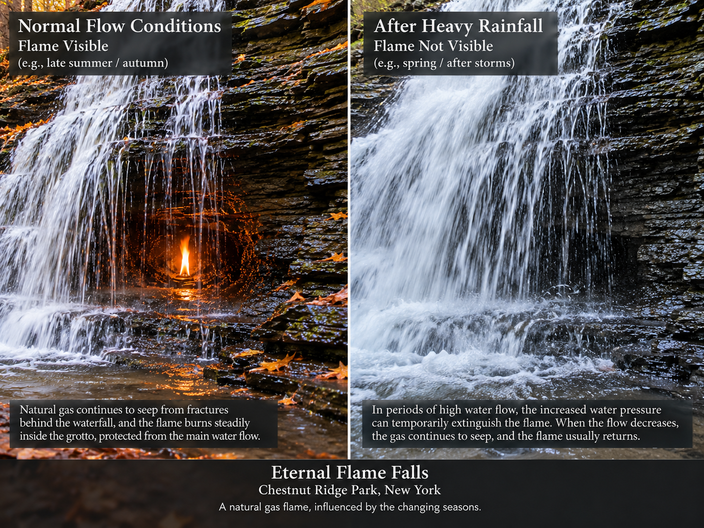 The flame at Eternal Flame Falls can be extinguished by changing weather and water conditions even though the natural gas seep continues.