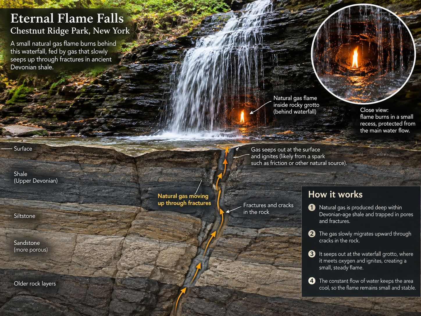 Natural gas moves upward through fractured Devonian shale beneath Eternal Flame Falls.