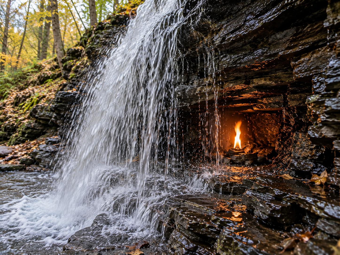 A recessed grotto keeps the natural gas flame partly sheltered behind the waterfall at Eternal Flame Falls.