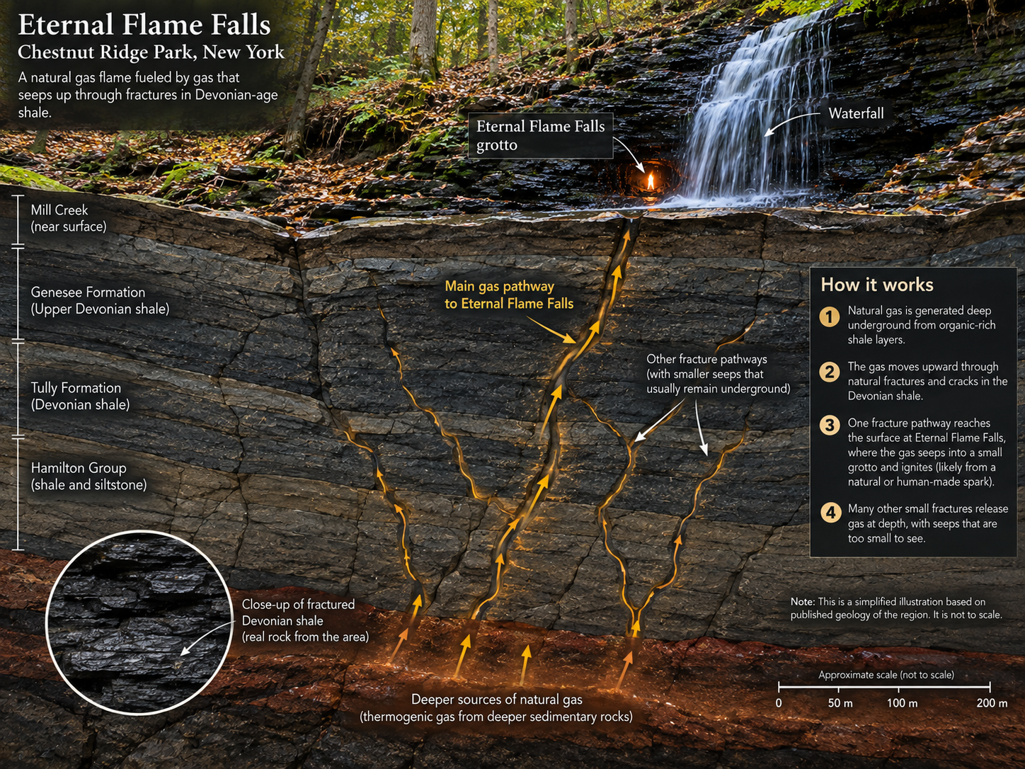Natural gas moves through a fractured shale system beneath Eternal Flame Falls, feeding the visible flame and smaller unseen seeps.