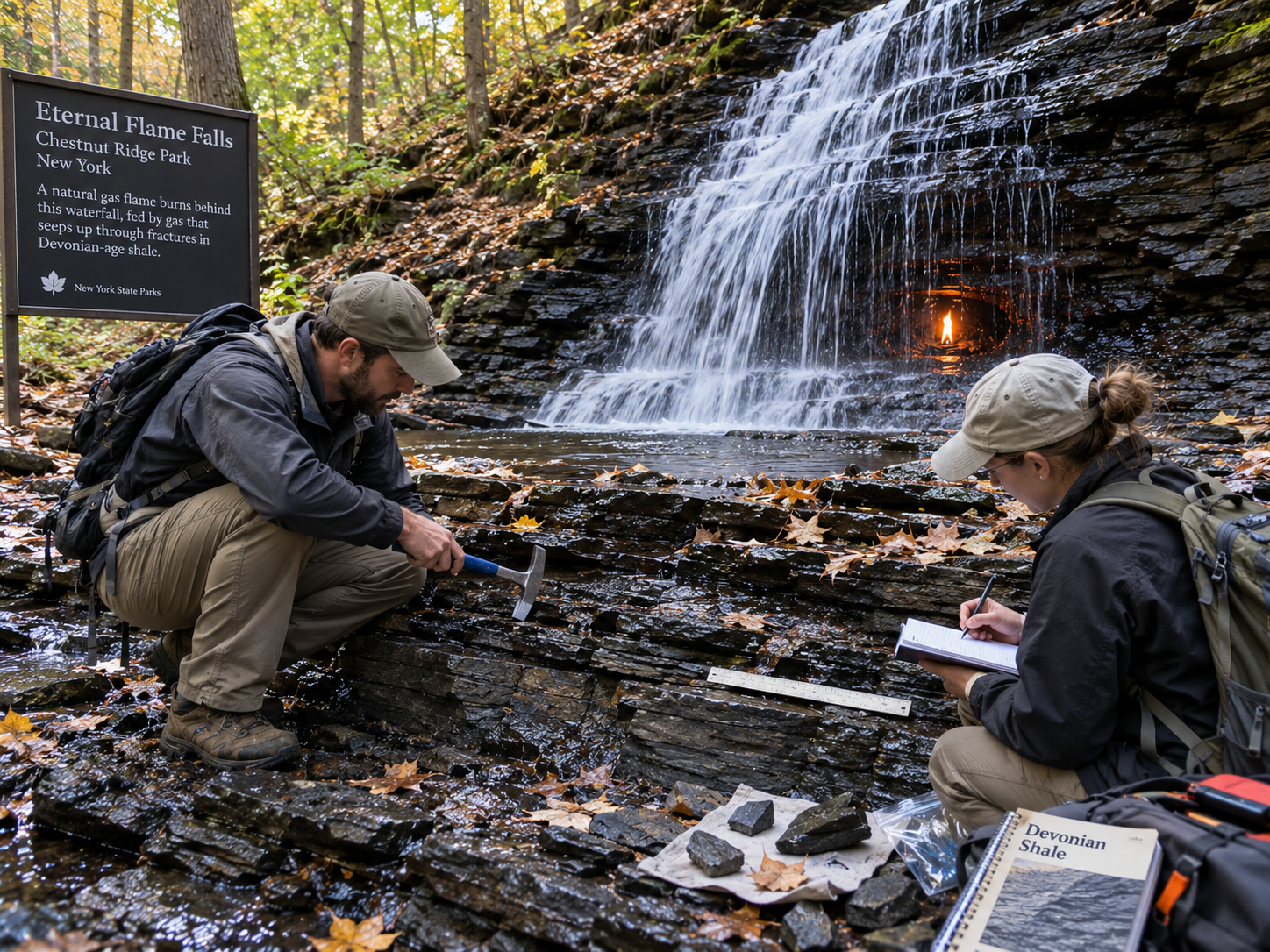 Geologists examine fractured shale near Eternal Flame Falls to understand the unusual source of its natural gas.