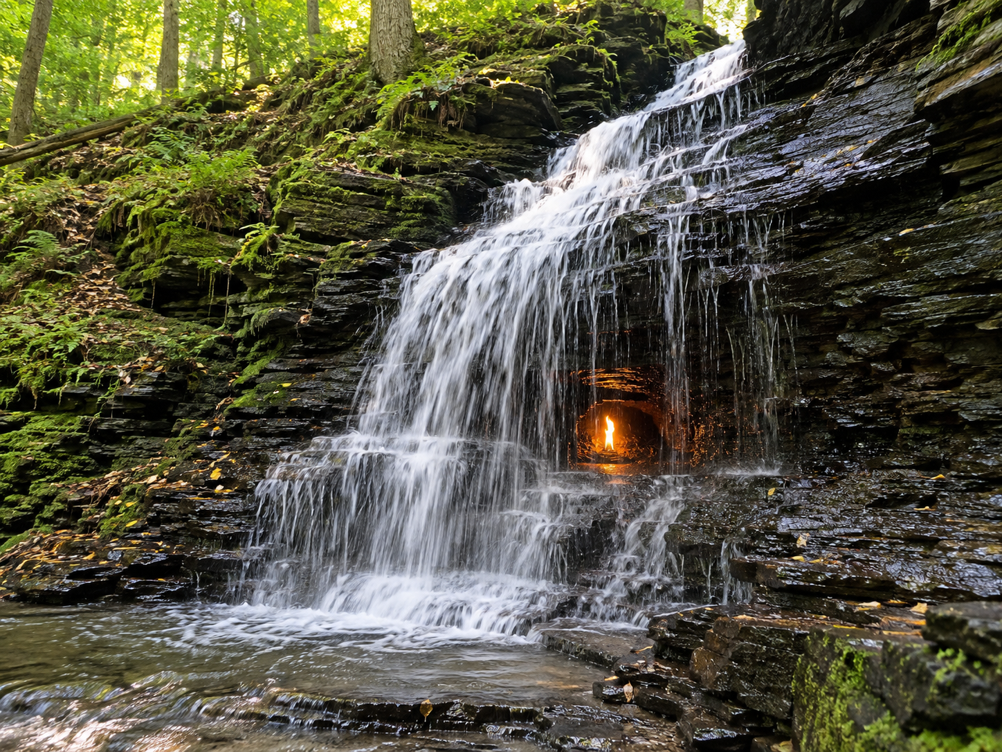 A small natural gas flame burns inside a rocky grotto behind the flowing water of Eternal Flame Falls.