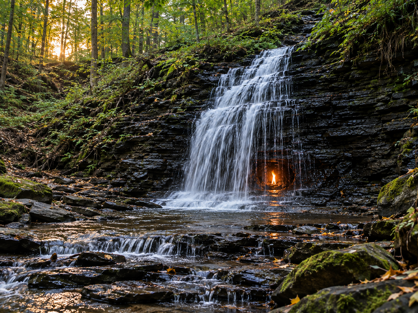 A small natural gas flame glows inside a rocky grotto behind the waterfall at Eternal Flame Falls, surrounded by forest and shale.