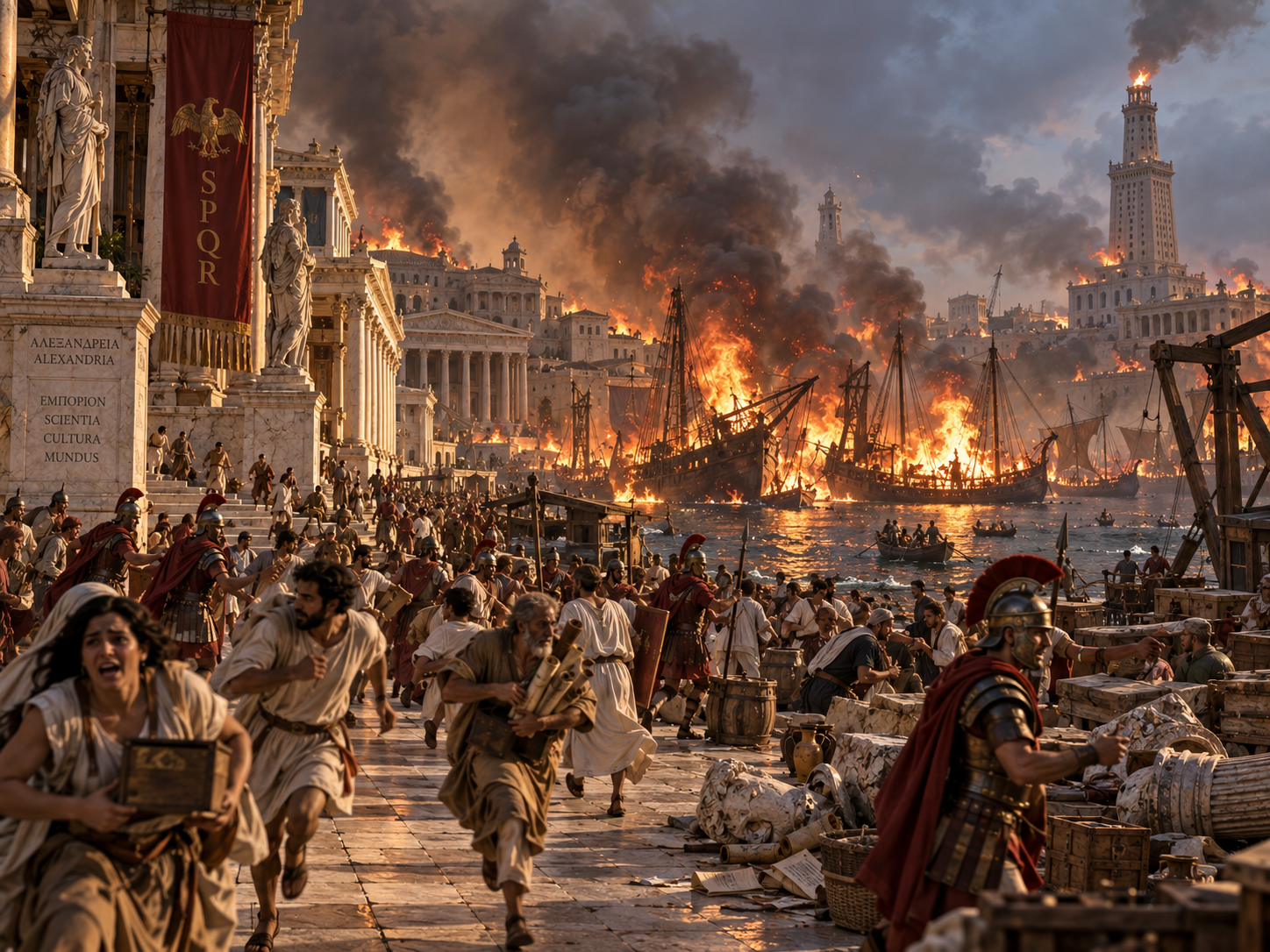 Fire spreads through Alexandria’s harbour during the fighting of 48 BCE, damaging ships and nearby buildings.