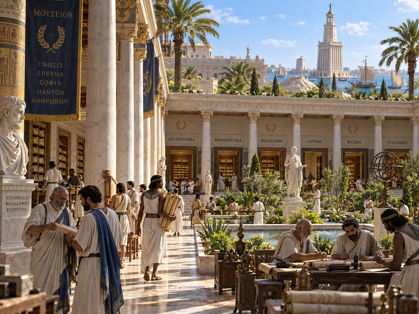 Scholars and scribes work in the scholarly complex of Ptolemaic Alexandria.