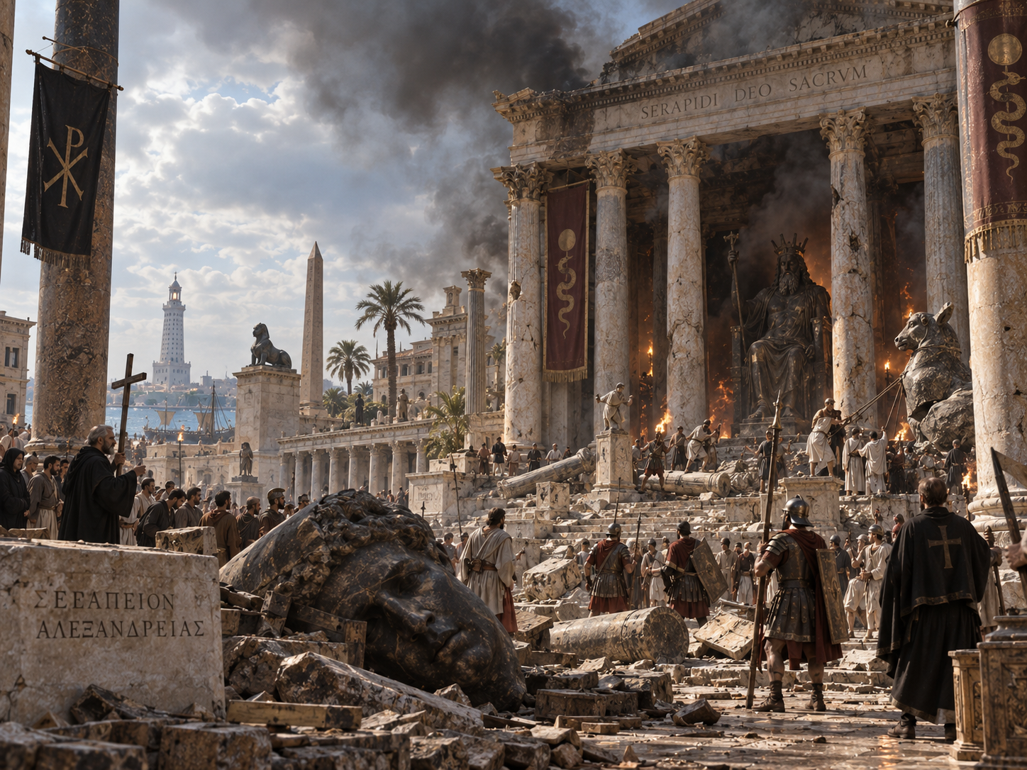 The Serapeum of Alexandria is destroyed during late-antique religious conflict in the 4th century CE.