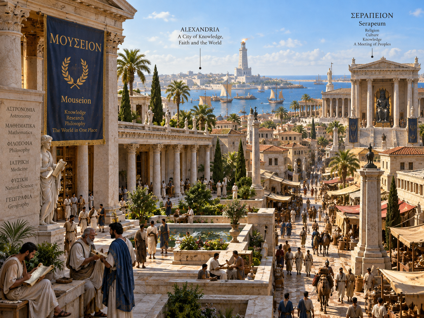 Reconstruction showing the different scholarly and religious centres associated with Alexandria’s ancient library tradition.