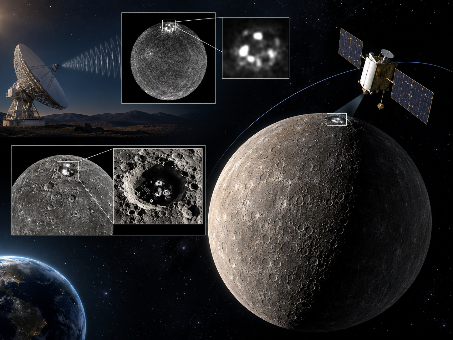 Radar observations and MESSENGER data revealed ice deposits inside permanently shadowed craters near Mercury’s poles.