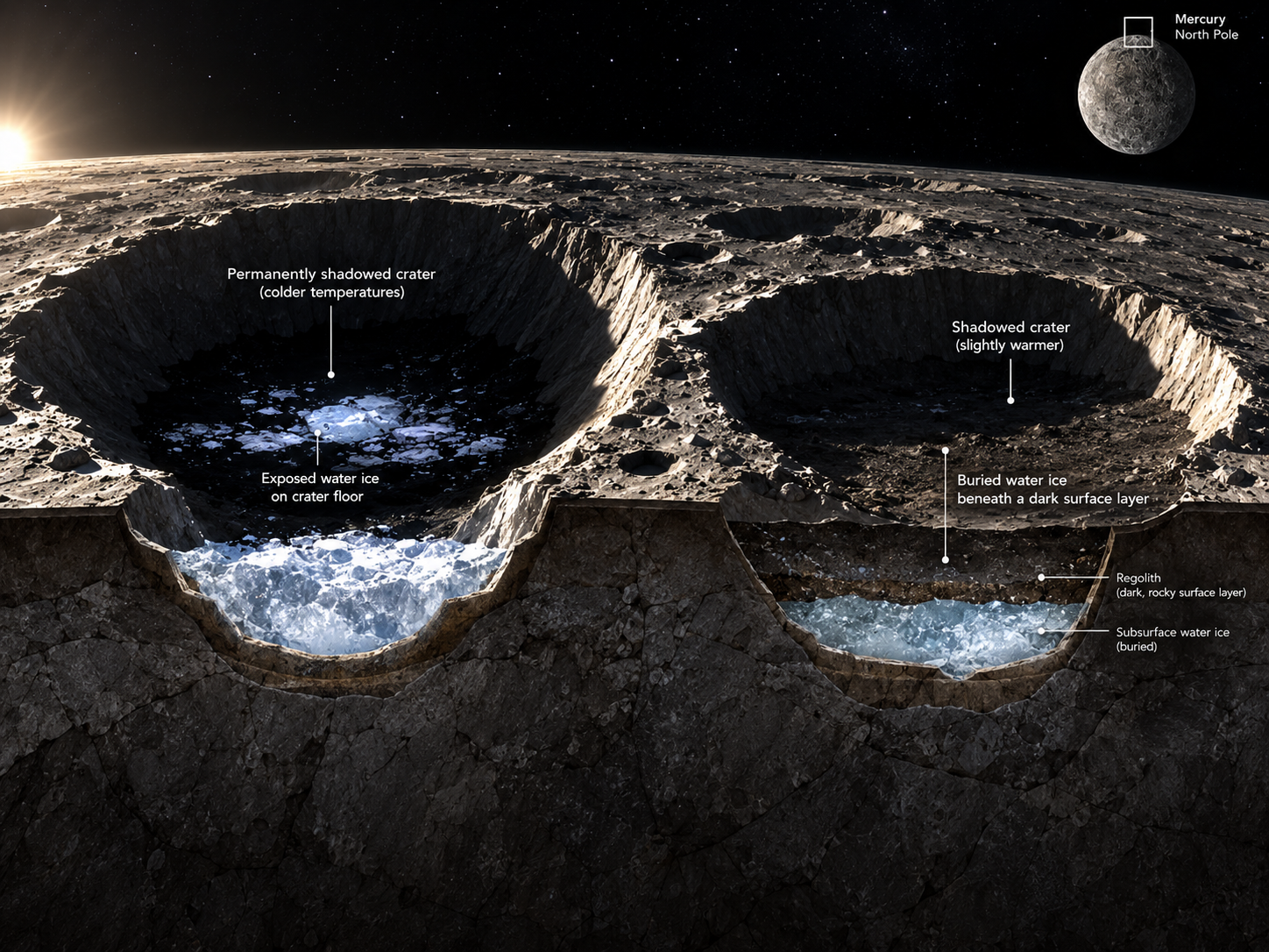 Mercury can have exposed water ice in its coldest craters and buried ice beneath dark material in warmer shadowed areas.