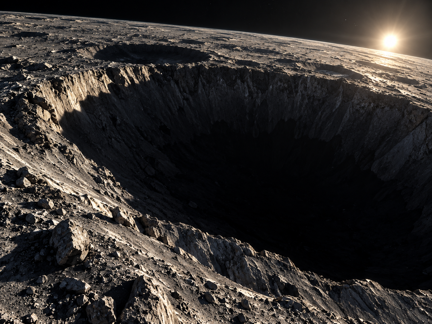 A deep polar crater on Mercury blocks sunlight from reaching its floor, creating permanent shadow.