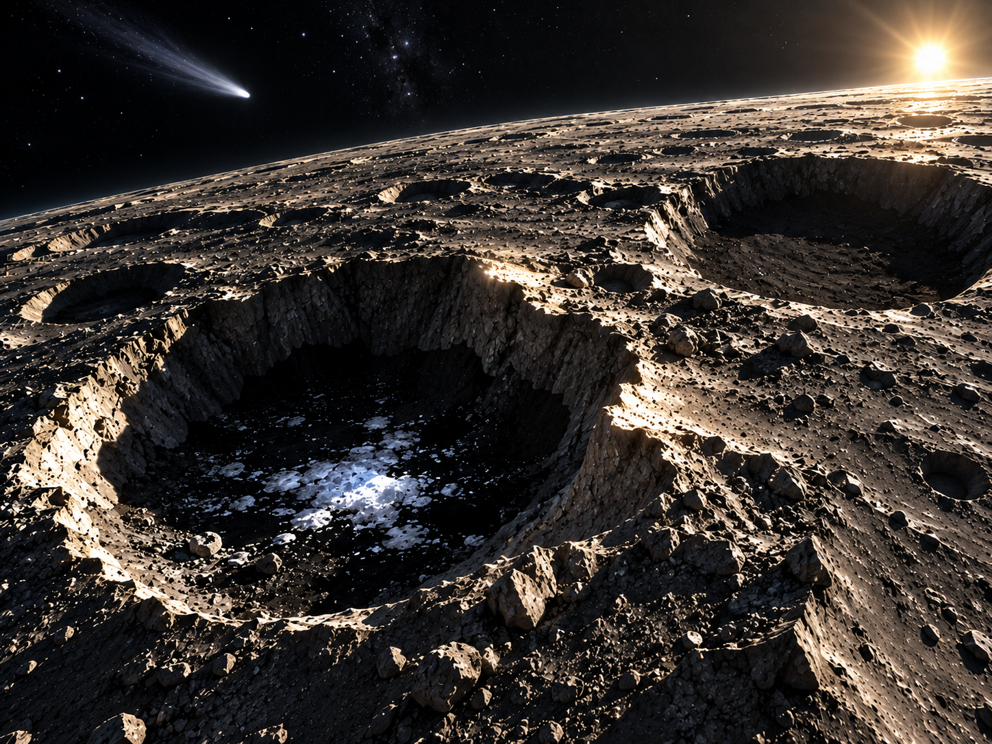 Mercury’s polar craters preserve water ice in permanent shadow, with a distant comet representing one possible source of the water.