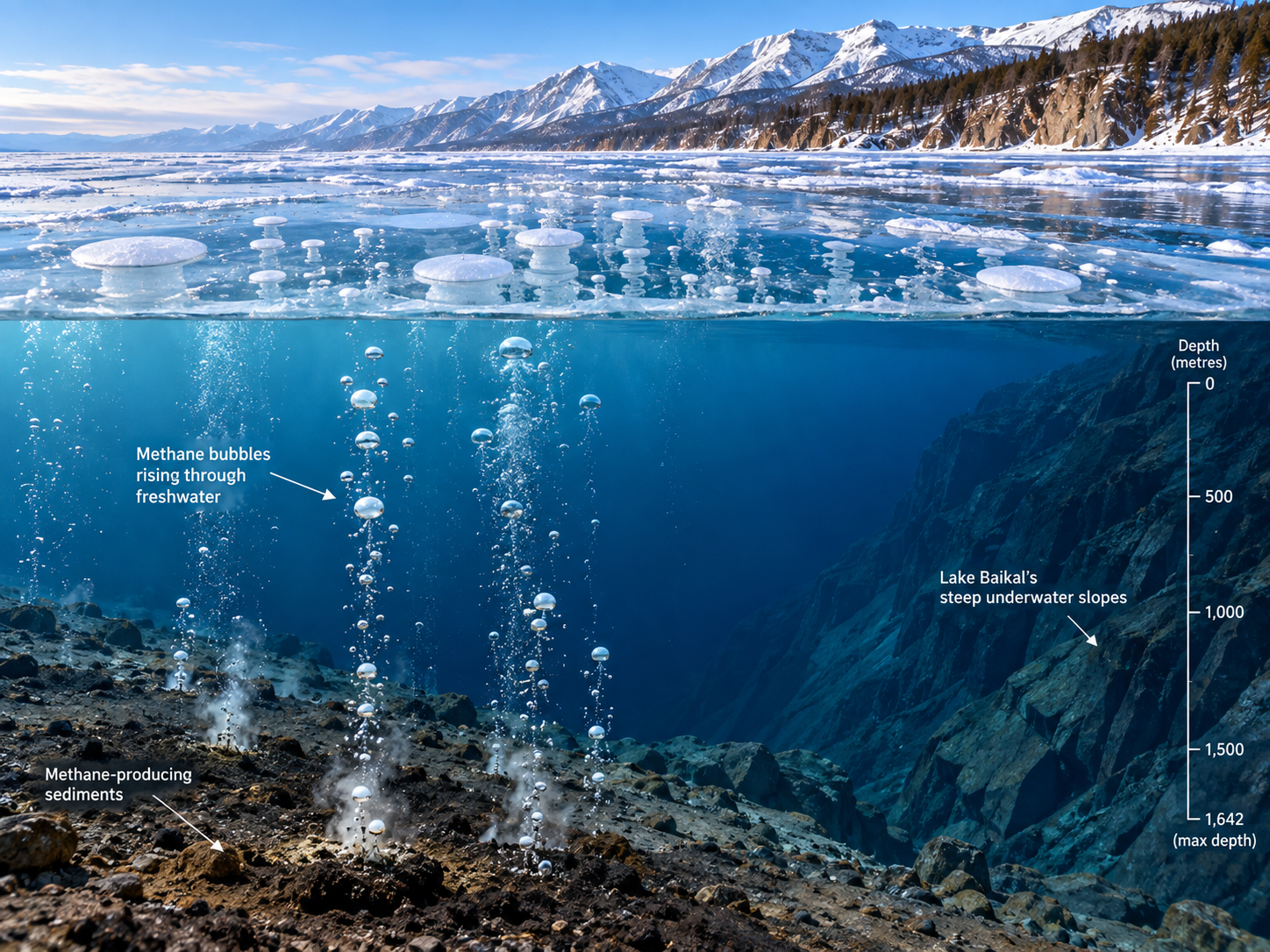 Methane forms in Lake Baikal sediments and rises through the water as gas bubbles.
