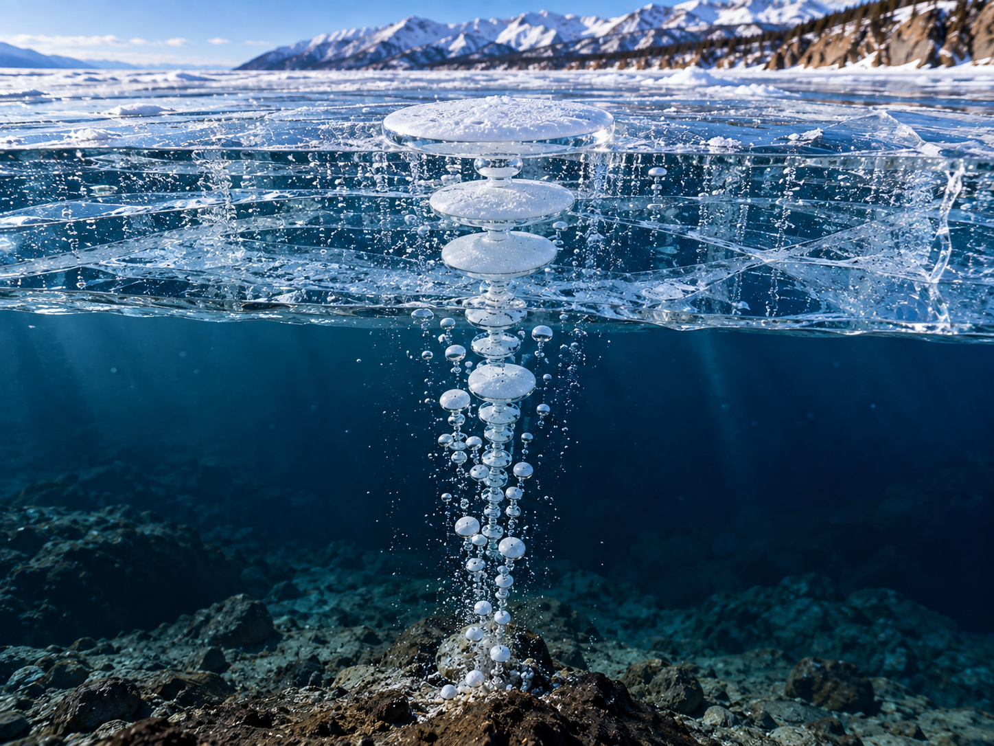 A column of gas bubbles rises from a seep and becomes trapped in successive layers of Lake Baikal ice.