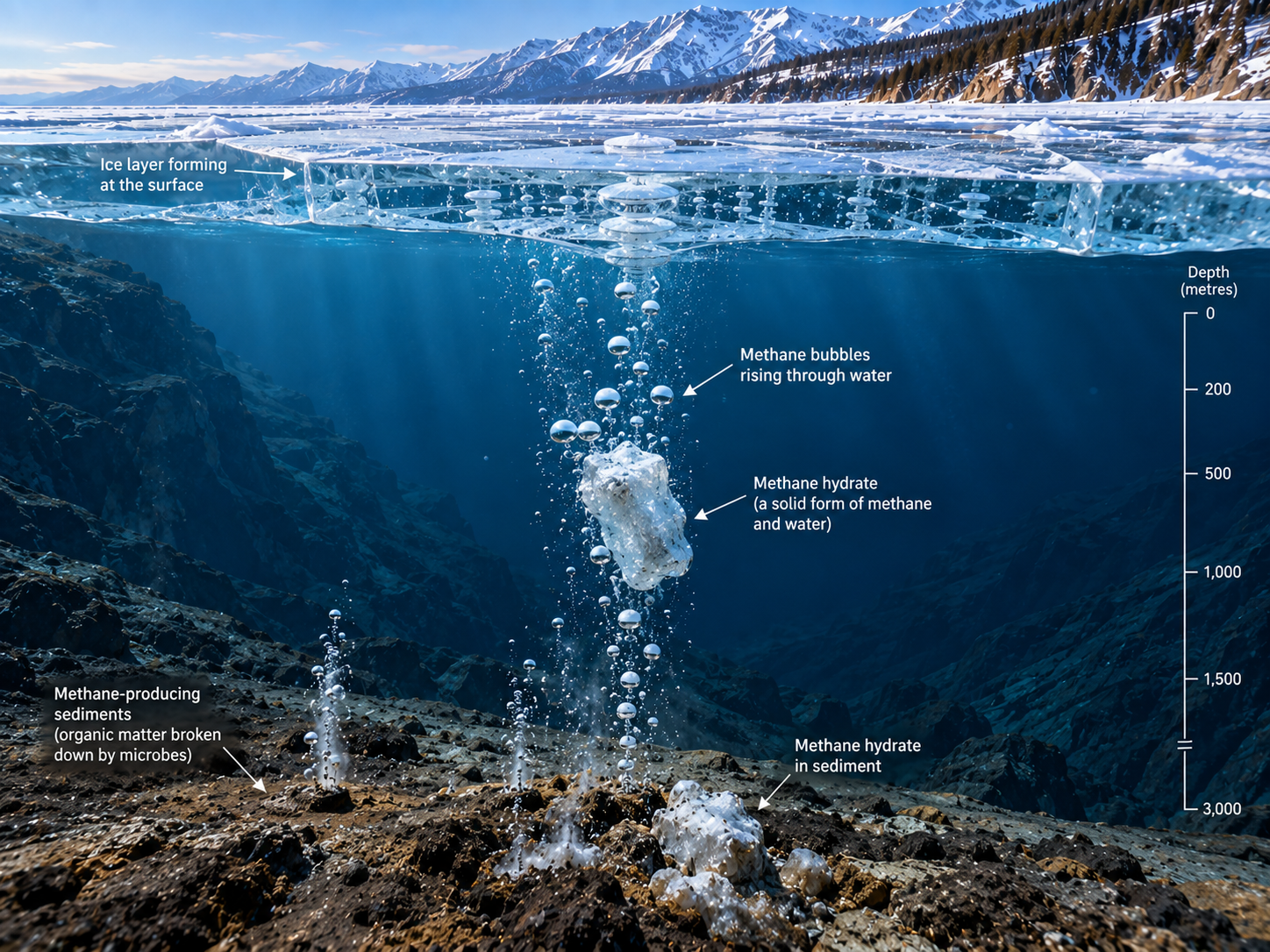Methane hydrates and methane bubbles can rise from deep sediments beneath Lake Baikal toward the ice-covered surface.