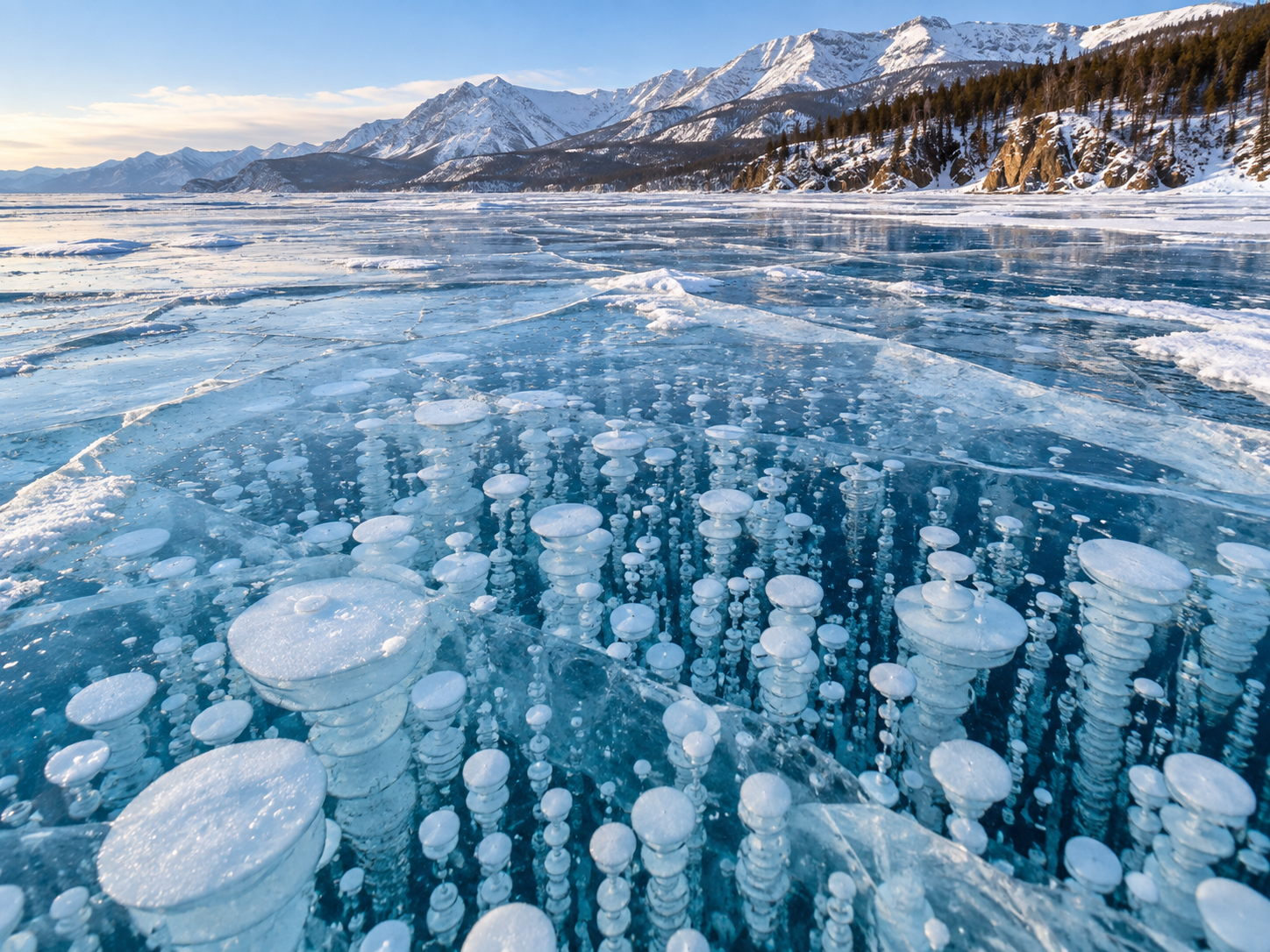 Clear winter ice on Lake Baikal reveals hundreds of gas bubbles trapped beneath the frozen surface.