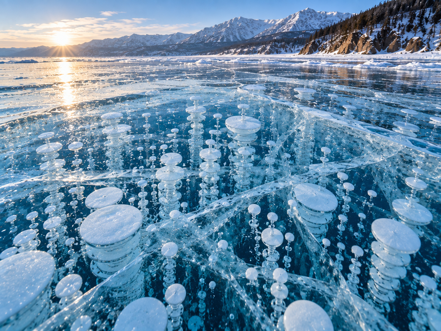 Transparent Baikal ice allows sunlight to reveal white gas bubbles suspended at different depths.