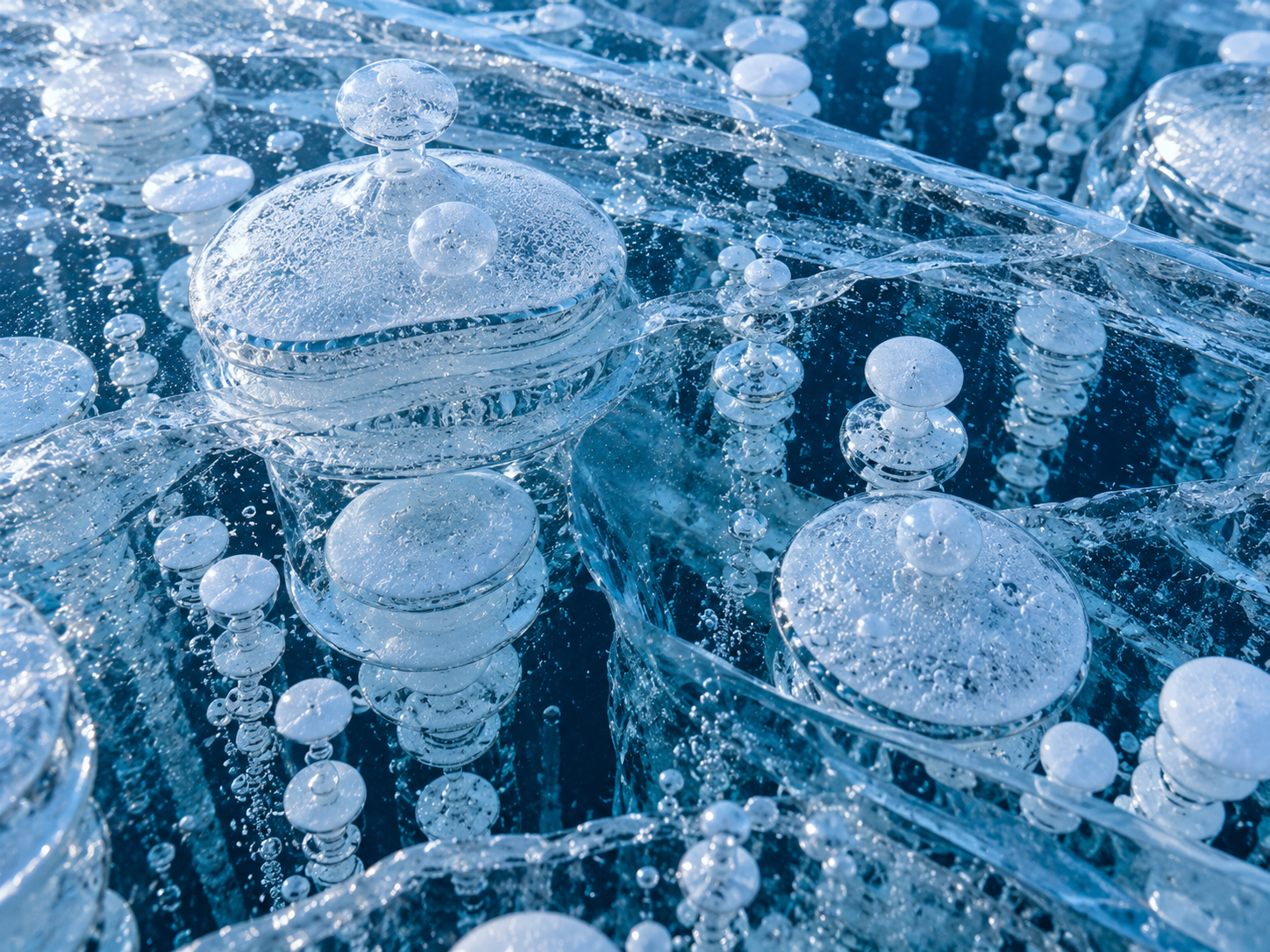 Gas bubbles become trapped in successive layers as Lake Baikal water freezes into clear ice.