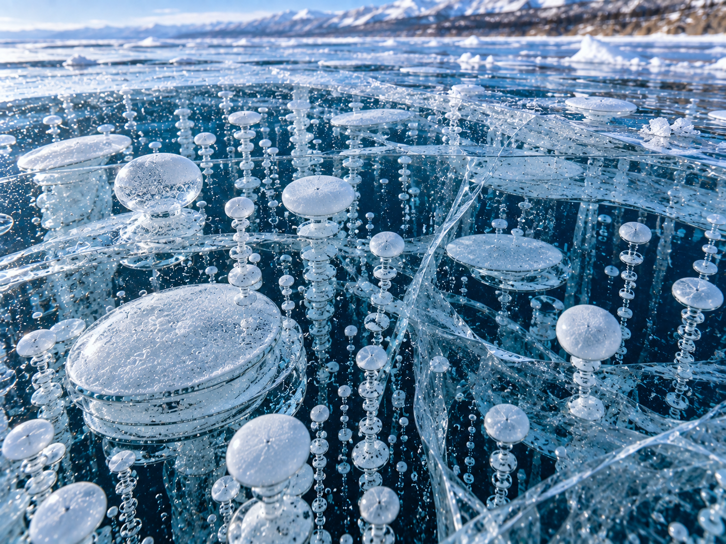 Different bubble shapes and layers inside clear Baikal ice record the conditions under which the ice formed.