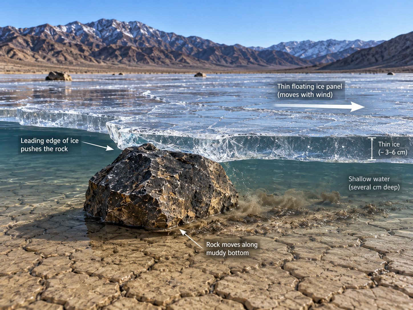 A thin floating ice sheet pushes a rock across shallow water on Racetrack Playa.