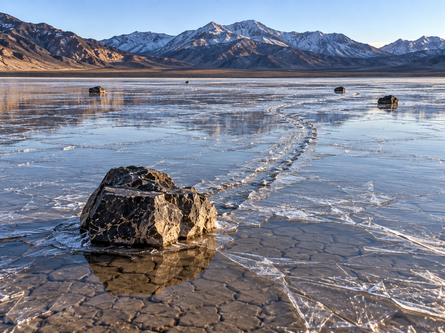 A shallow winter pond forms around the rocks on Racetrack Playa before the water freezes.